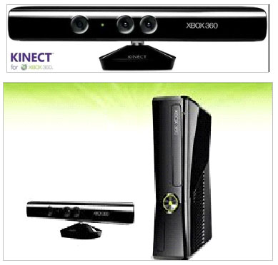 Kinect device, video game console Xbox 360 from Microsoft, and their advertising image.