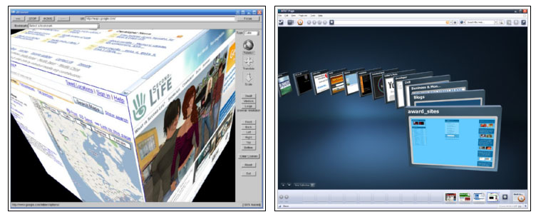 Left: uBrowser. Right: Pogo 3D Browser, from AT&T. Both prototypes of three-dimensional web browsers.